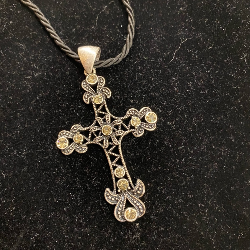 Lia Sophia marcasite cross with black rope necklace